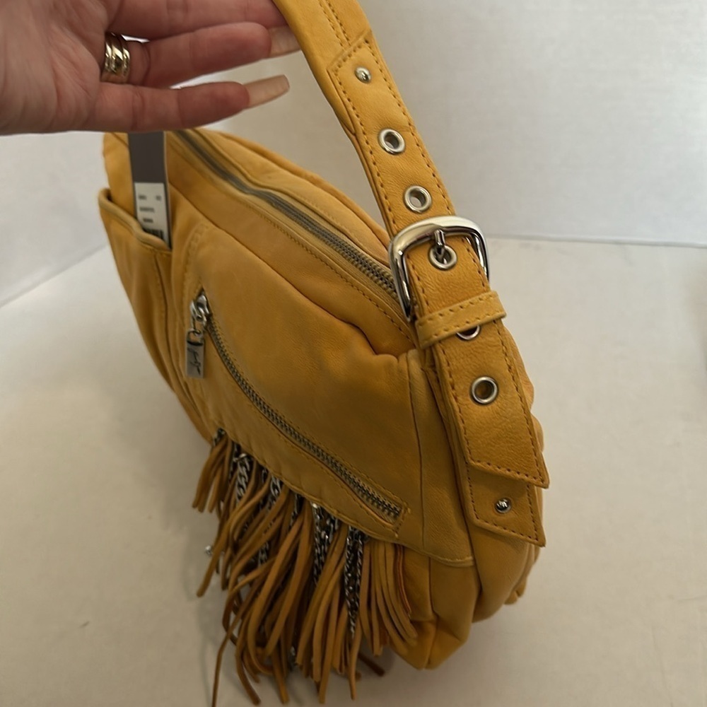 Junior Drake Blush Leather Shoulder Bag Fringe & ChainS mustard yellow NWT - Picture 8 of 16